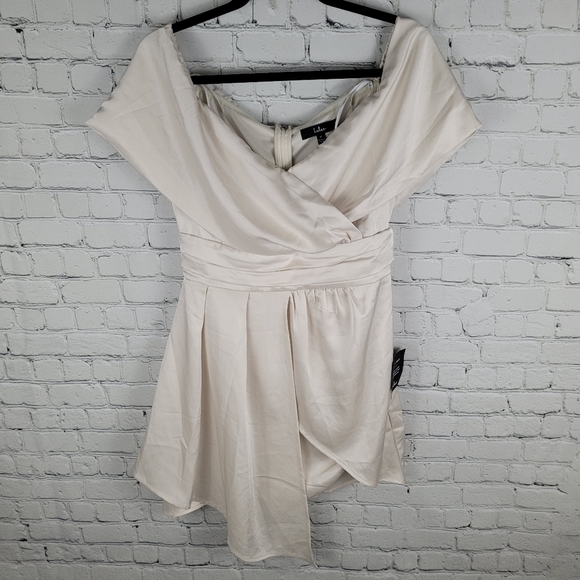 LULU'S | “Always Celebrating” satin off-the-shoulder asymmetrical mini dress - Picture 1 of 8